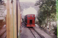 
Trains crossing, Llanberis Lake Railway, October 1974